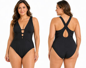 Flatter Me Black One Piece Swimsuit Bathing Suit Criss Cross Back NWT sz L